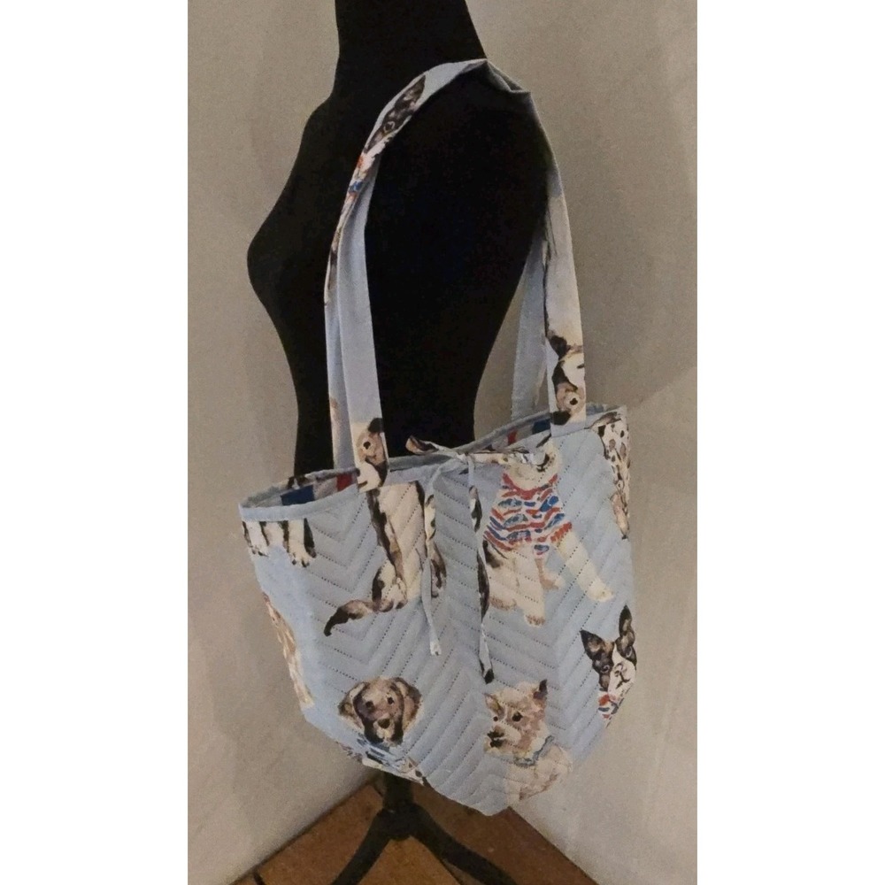 Mainstays Reversible Quilted Tote Bag Dog Print Blue Red Striped Shoulder Bag - Picture 1 of 12